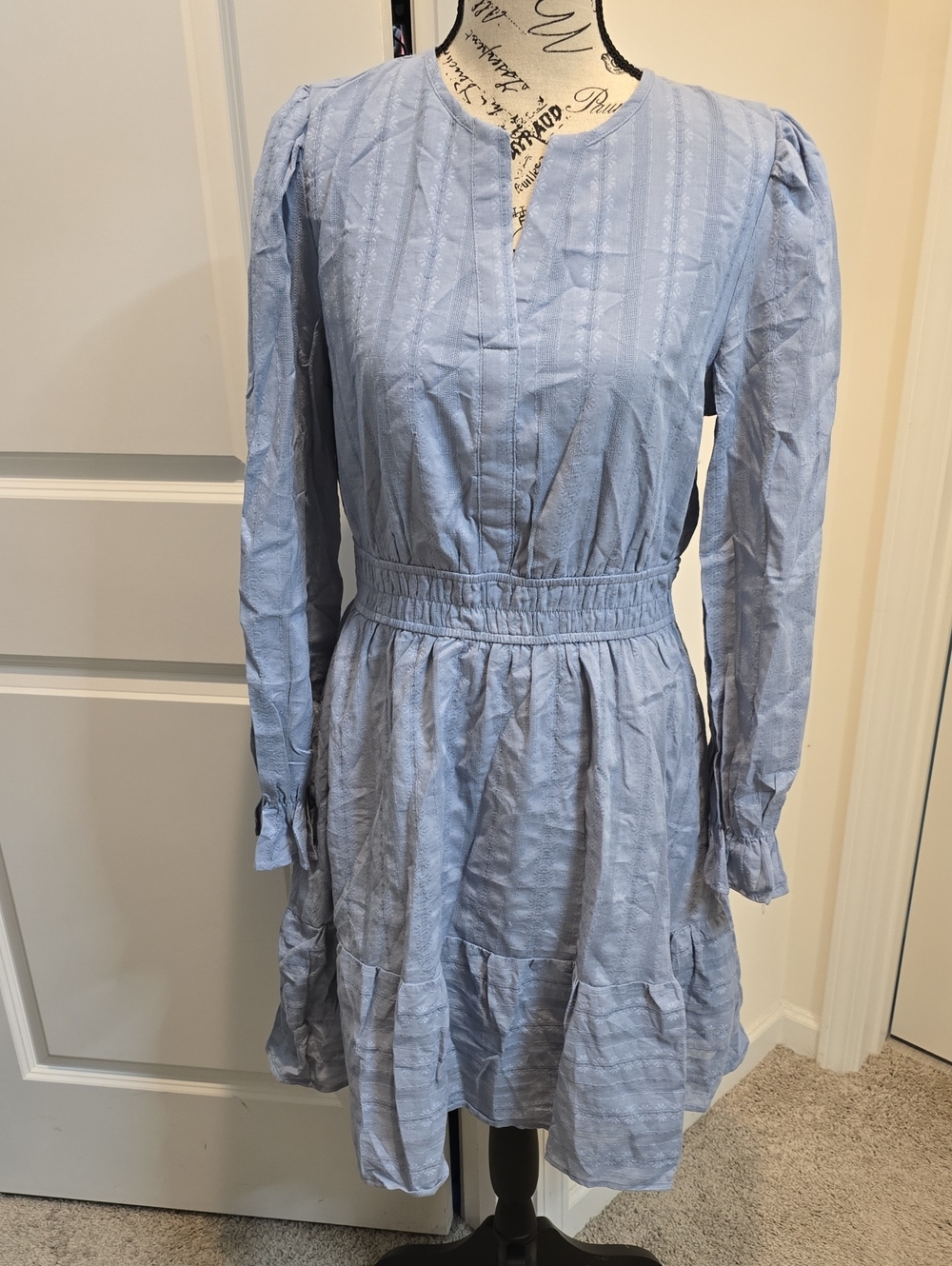 BTFBM- Light Blue Long-Sleeve Smocked Waist Tiered Dress